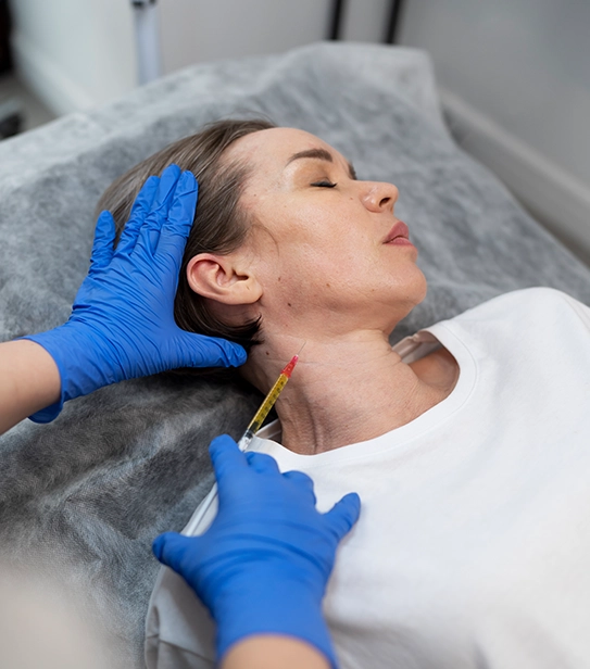 Woman receiving anti-wrinkle injection treatment on neck by a medical professional wearing gloves