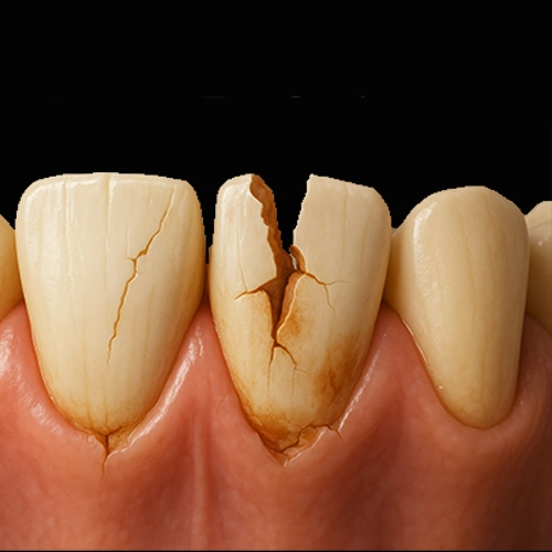 Close-up of a front tooth with a cracked veneer, showing damage and discoloration on the enamel.
