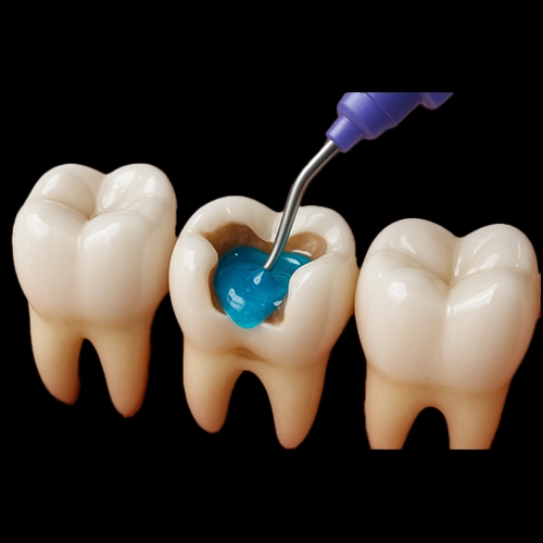 Dentist applying blue composite filling material to a cavity in a molar tooth during restoration treatment