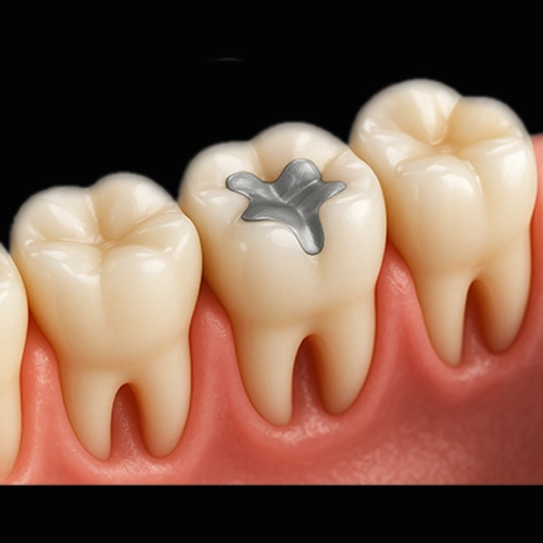 Illustration of a molar tooth with a dental filling used to repair damage caused by a cavity.