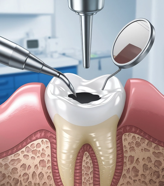 Illustration of a dentist using a dental drill to remove decay from a tooth cavity before filling.