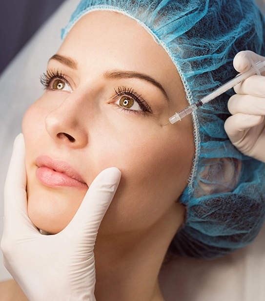 Woman receiving dermal filler injection on cheek by aesthetic professional in clinic