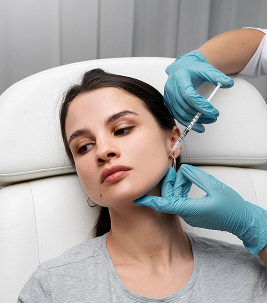 Woman receiving masseter Botox injection for jaw slimming and TMJ pain relief