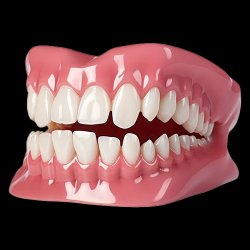 Full set of realistic upper and lower dentures with pink gums and white teeth, isolated on a Black background.